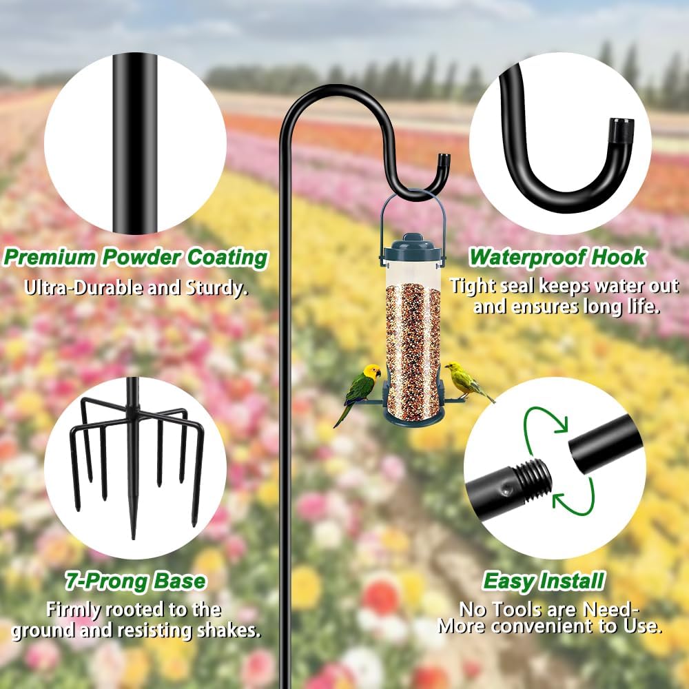 72" Shepherds Hooks for Outdoor, Heavy Duty Bird Feeder Pole with 7 Base Prongs, Adjustable Garden Hanging Holder for Bird Feeders, Solar Light Lanterns, Garden Plant Hanger Stands, 2 Packs