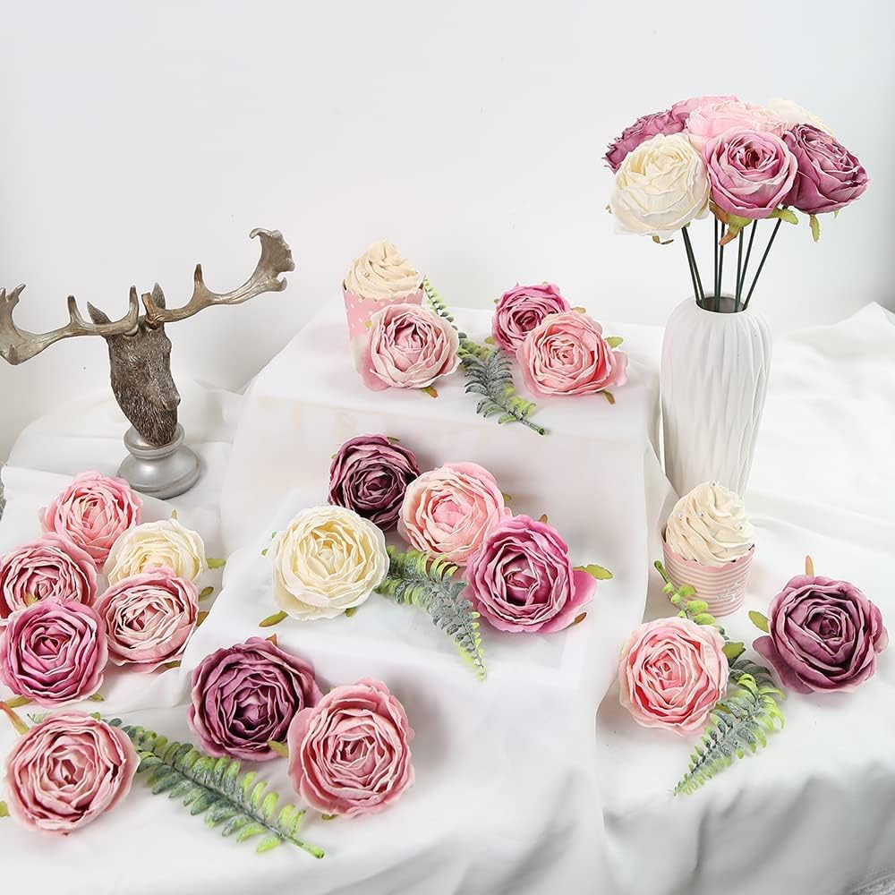 IPOPU Fake Roses 25pcs Vintage Purple Roses Artificial Flower for Decorations Colorful Artificial Roses Silk Flower Heads Bulk with Stems for Wedding Flowers Bouquet Centerpieces (Gradient Purple)