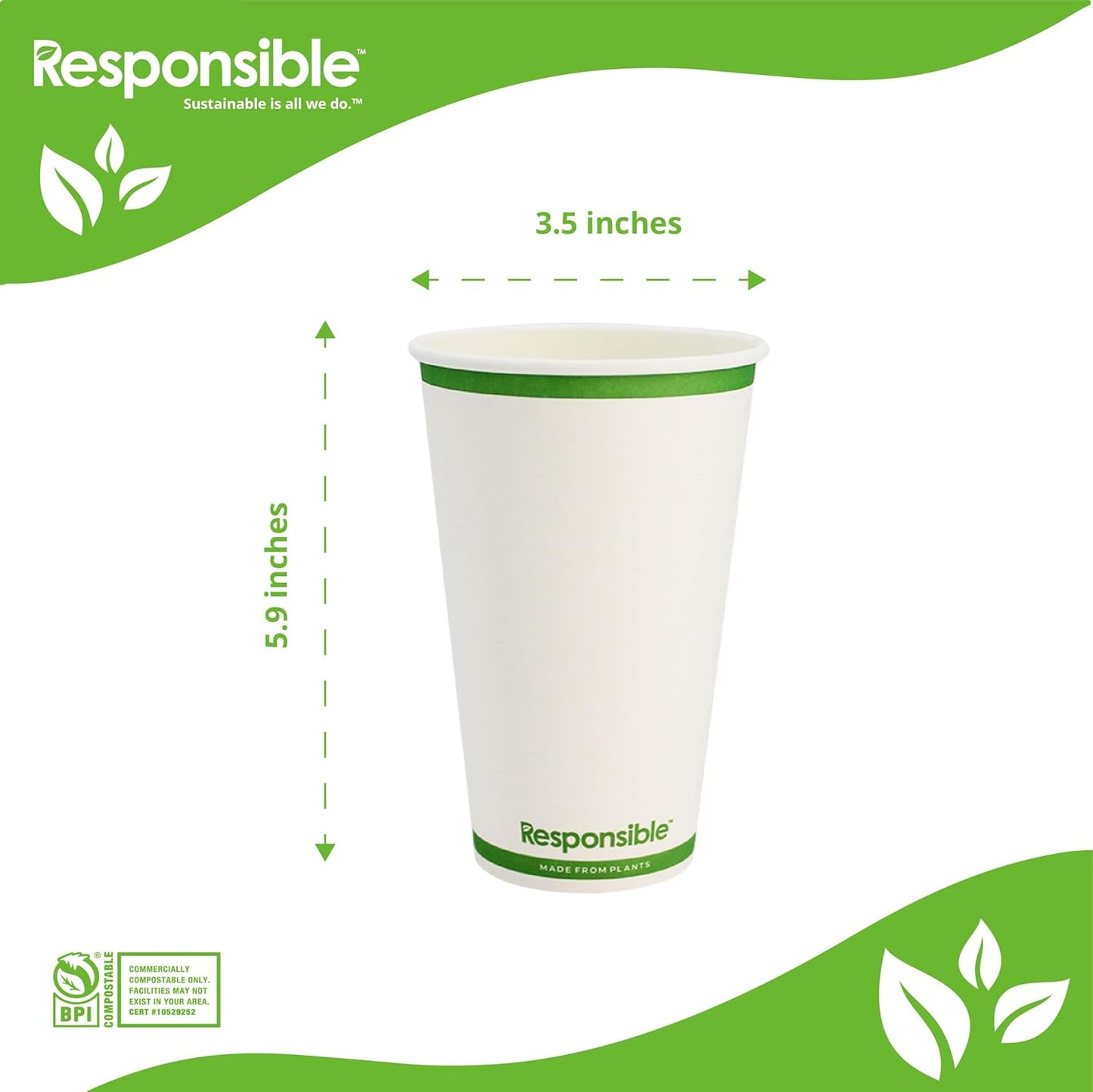 Certified Compostable 20 oz Paper Cups, Cold ＆ Hot Coffee Cups, Disposable Paper Cups, Extra Strength Disposable Cups, Made without PFAS (50 count)
