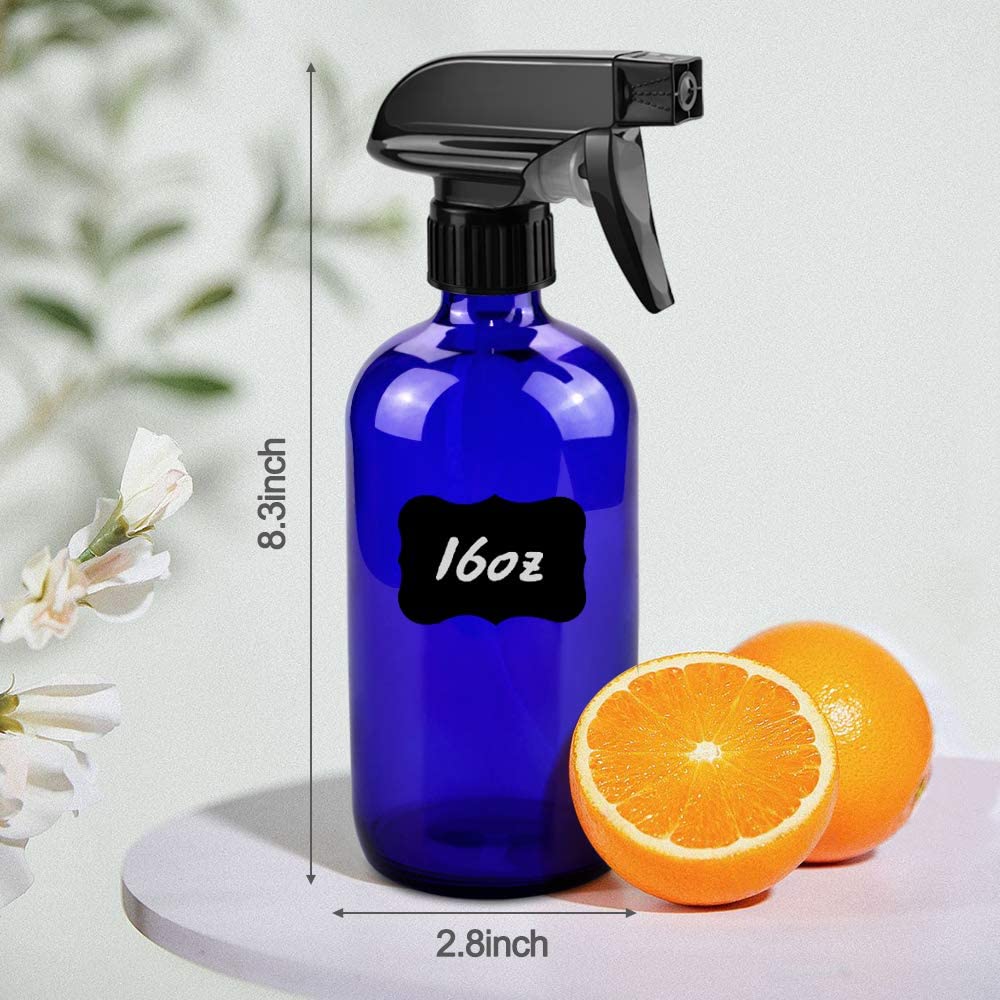 Glass Spray Bottles, 16oz Refillable Containers, Empty Boston Round Bottles with Labels & Adjustable Nozzle for Cleaning, Gardening, Aromatherapy, Pets, Plant, Hair -Blue (2 Pack)