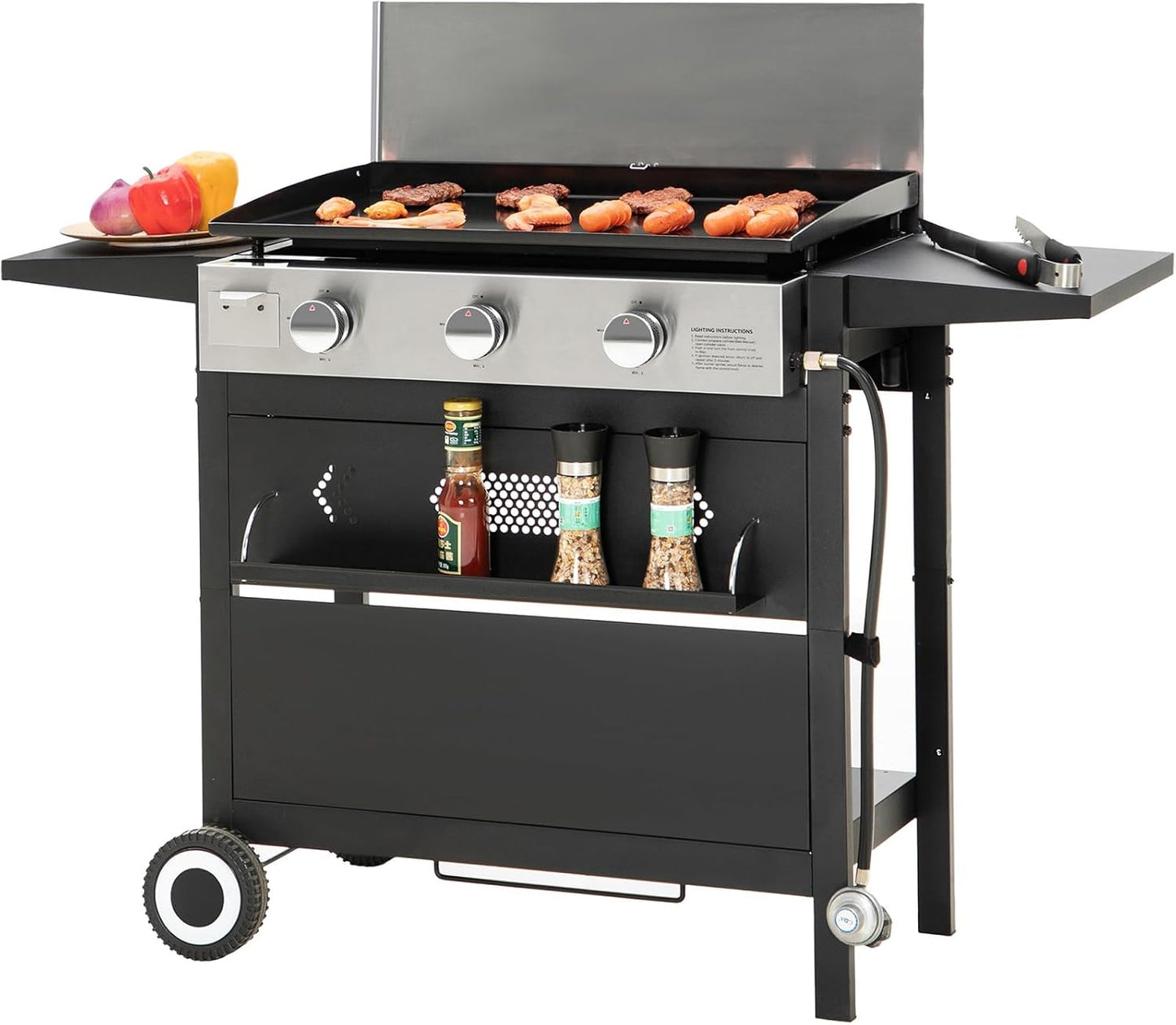 Sophia & William 27-Inch Flat Top Grill with Ceramic Coated Cast Iron Griddle, 3-Burner Propane Gas BBQ Griddle, Portable Outdoor Barbecue Grill,33,000 BTU,Black