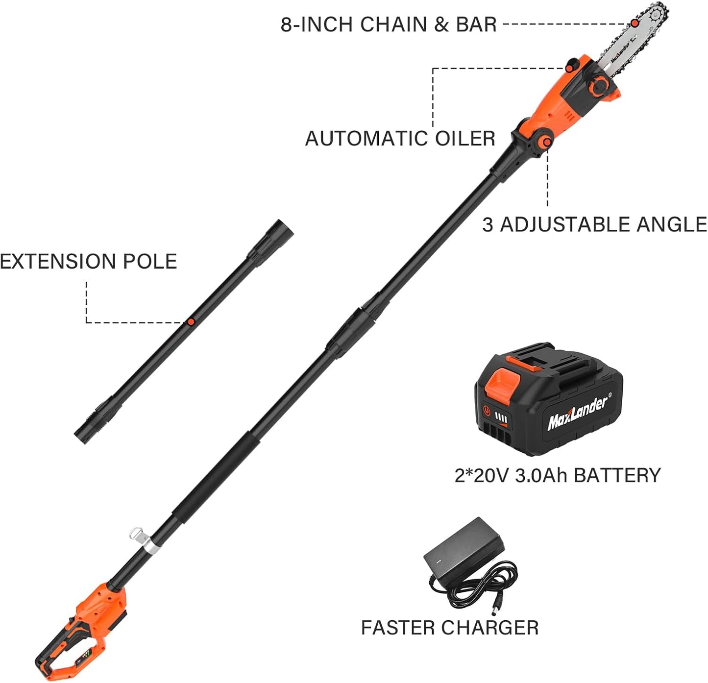 8 Inch Cordless Pole Saws, 20V Electric Pole Saw for Tree Trimming with 2 x 3.0Ah Battery & Charger, 16ft/s Cutting Speed Auto Oiling Multi-Angle Pole Chainsaw,15-Feet Maximum Adjustable Reach
