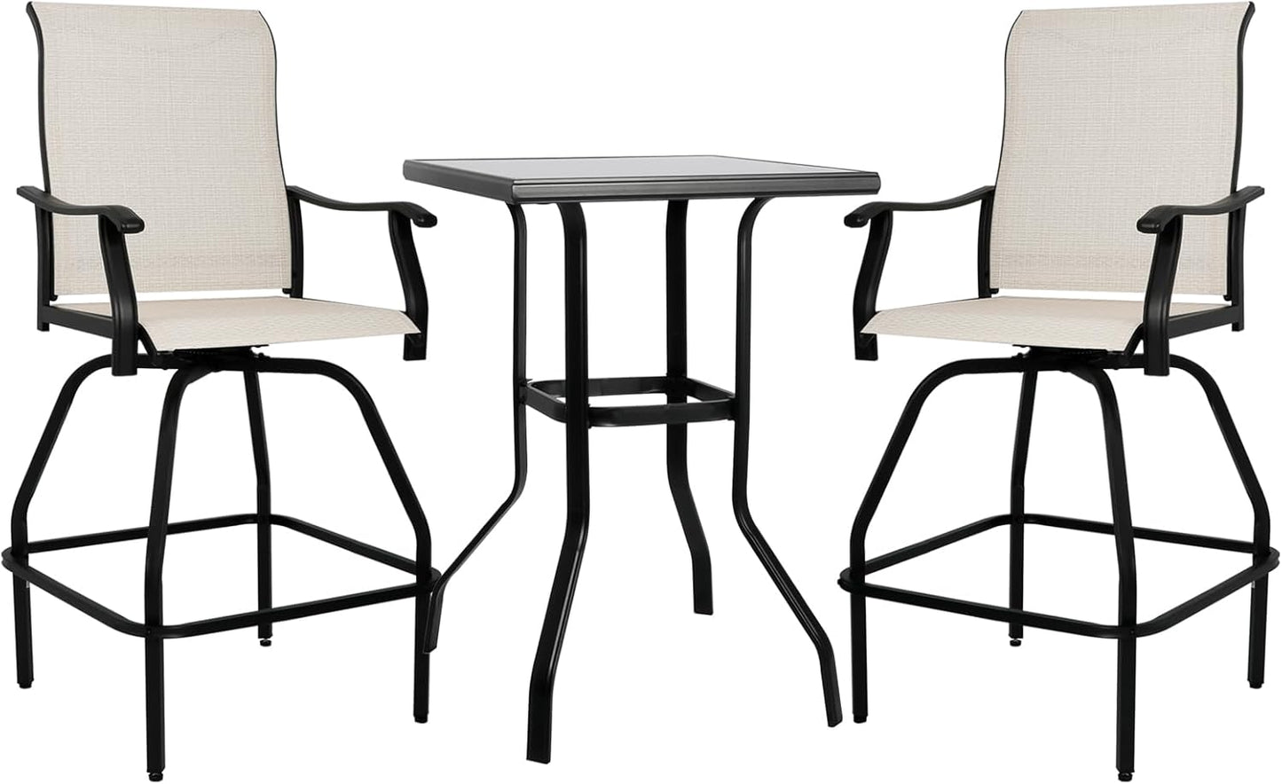 LEVELEVE Patio Bar Set 3pcs Swivel Bar Stools Outdoor Bistro Textilene Furniture Stability All-Weather Set with Height Table (3, Beige Fabric)