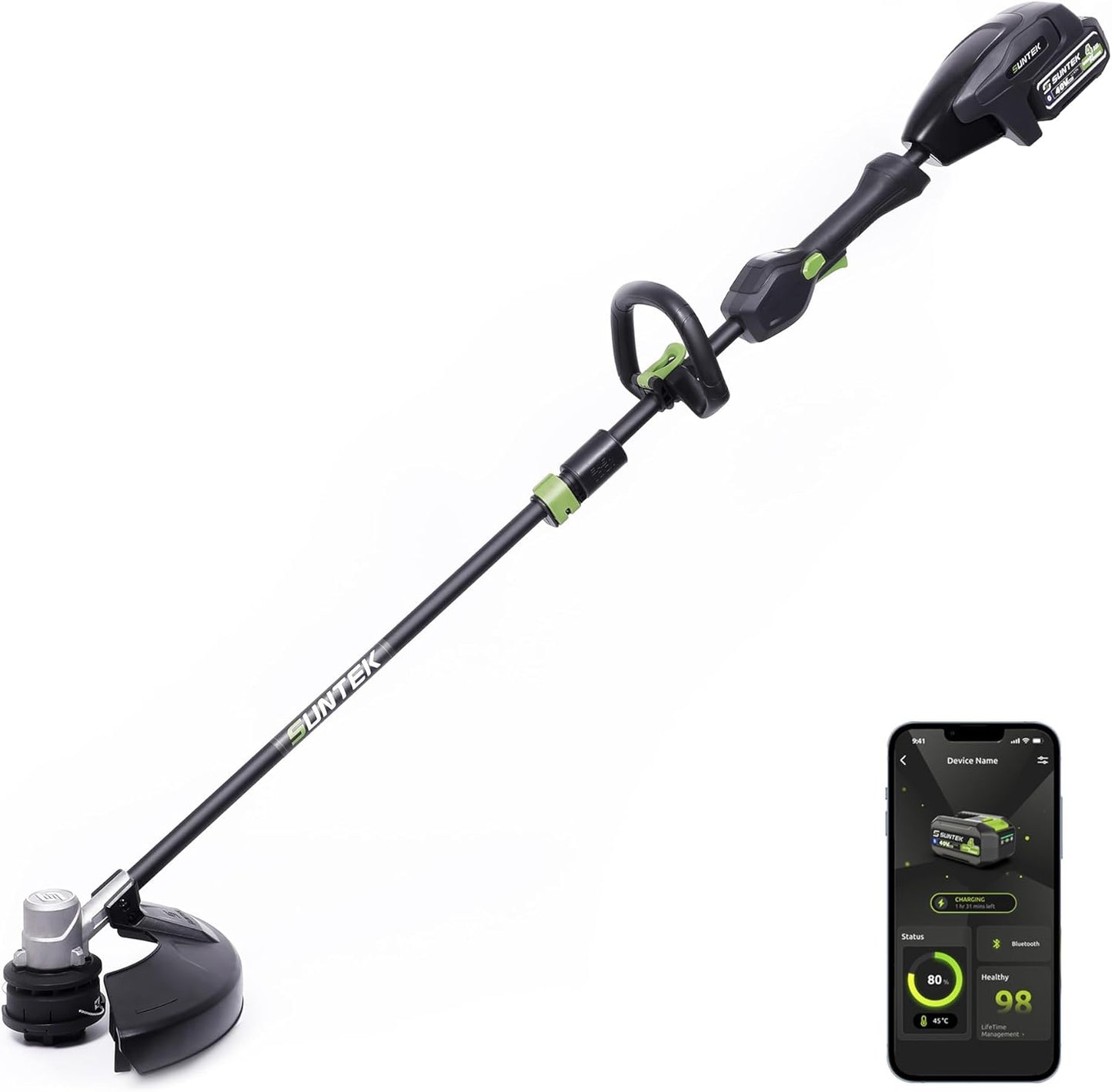 SUNTEK Electric String Trimmer Edger, 40V 15-Inch Brushless String Trimmer Cordless with 4.0Ah Battery and Fast Charger Included, 2-Speed Levels, Integrated Screen and APP Connection, Aluminum, Black