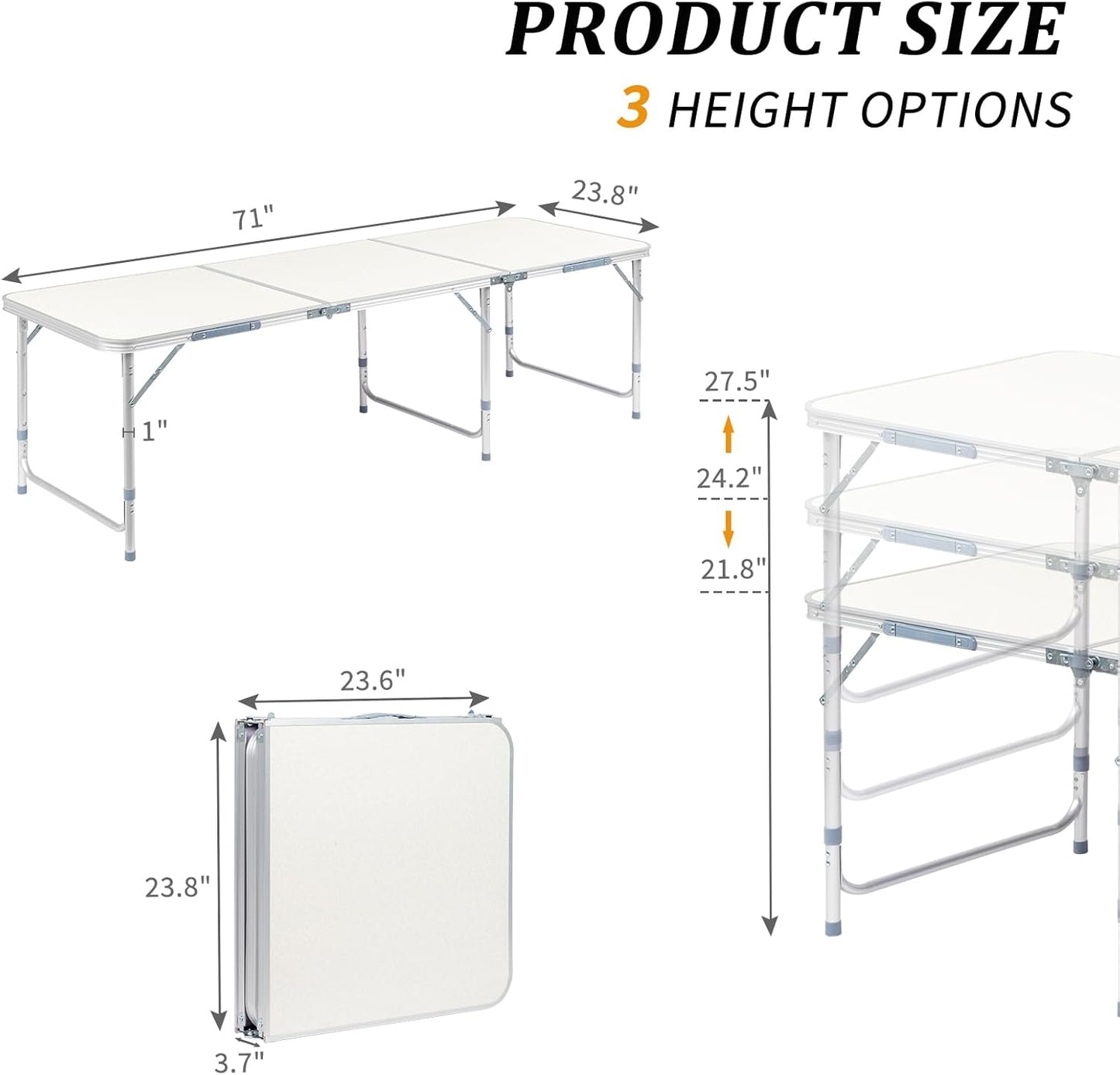 Outvita 6ft Portable Folding Camping Table, Outdoor Waterproof Adjustable Height Table, Aluminum Lightweight Suitcase Foldable Table for Picnic BBQ Beach Dining