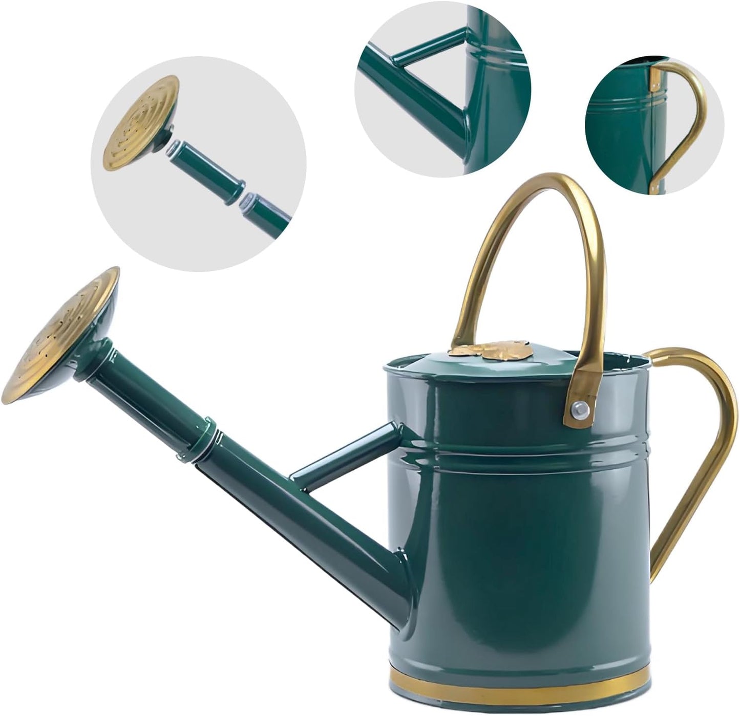 1 Gallon Green Metal Watering Can with Solid Brass Details, Removable Watering Rose, Decorative Garden Can for Indoor Plants, Patio and Greenhouse