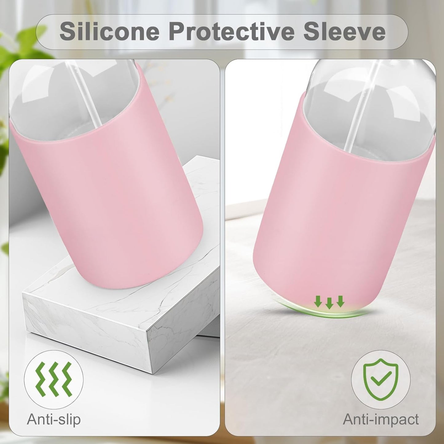 2 Pack Glass Spray Bottles with Long Silicone Sleeve, 16 oz Empty Refillable Containers with Adjustable Spray Nozzles, Spray Bottles for Hair, Cleaning Solutions and Plants Pink&White