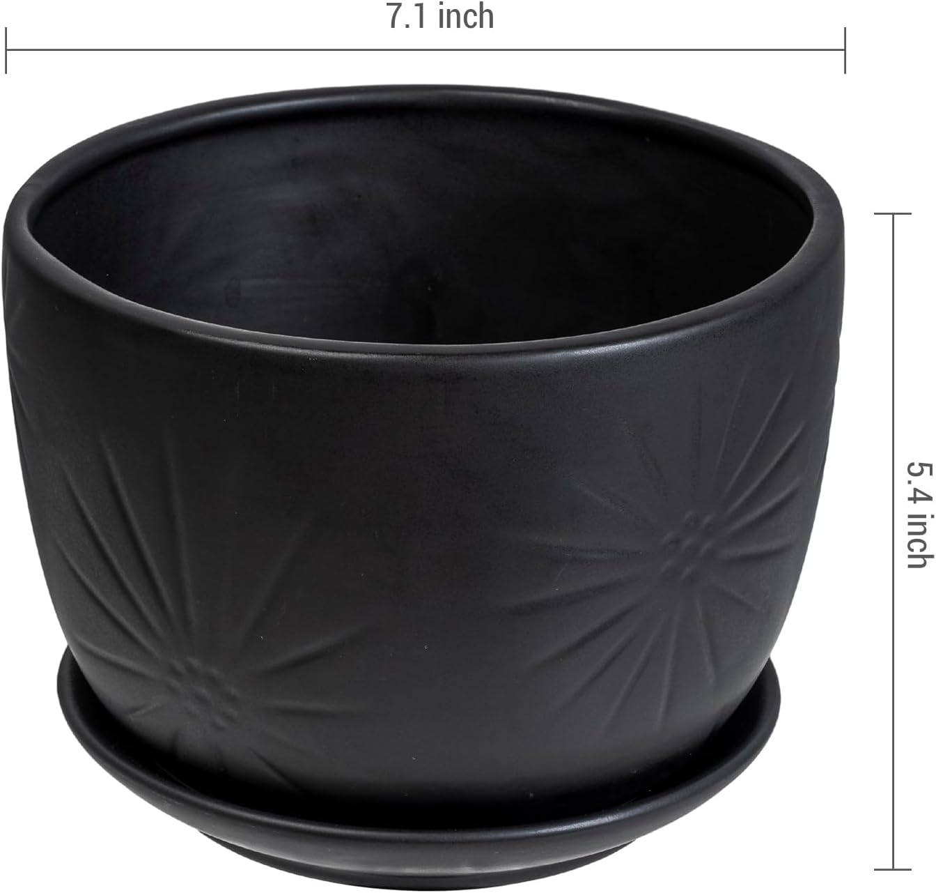 MyGift 7 Inch Round Matte Black Ceramic Plant Pot with Drainage Hole and Attached Saucer, Modern Decorative Embossed Sunburst Planter Container for Indoor Home Garden