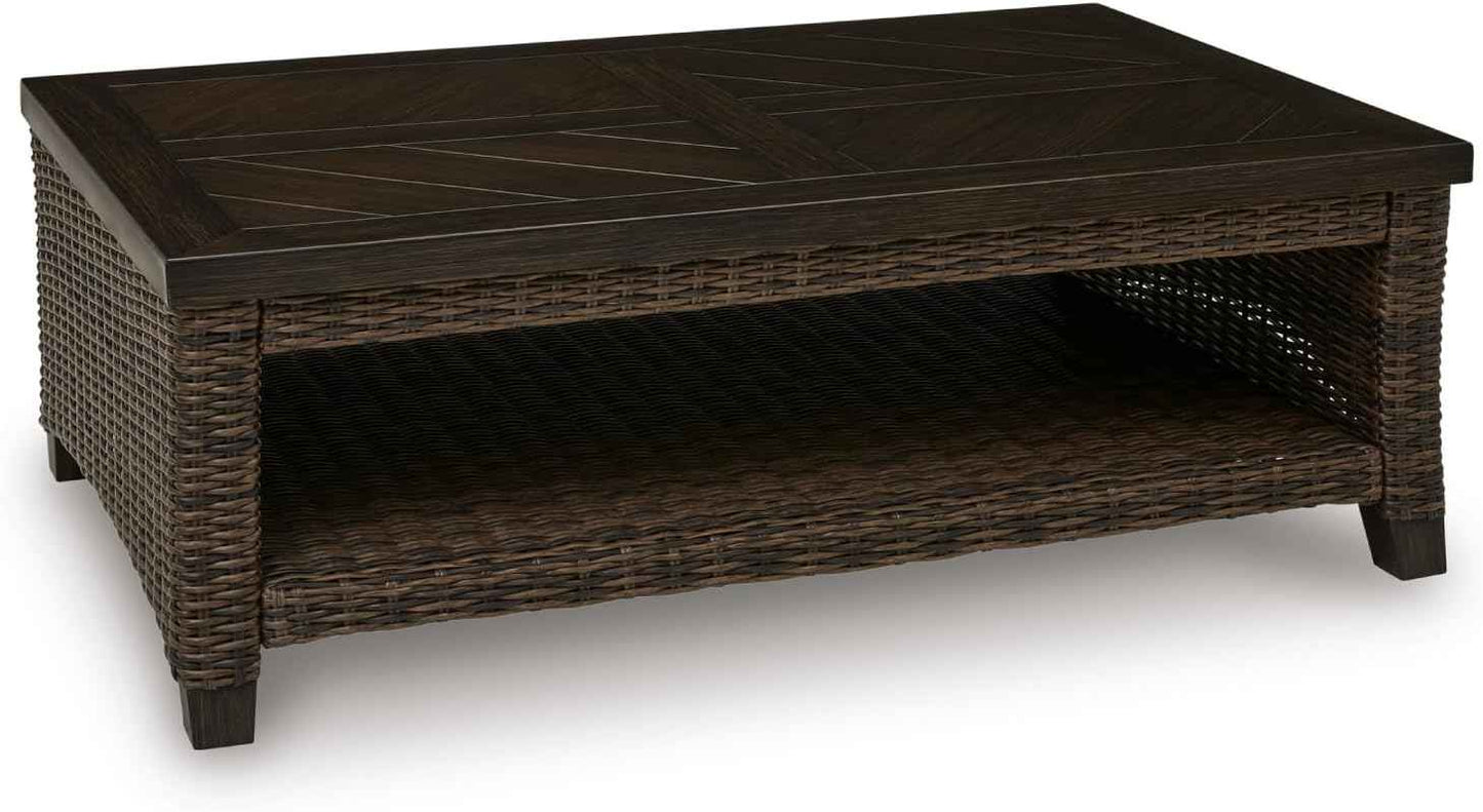 Signature Design by Ashley Drakes Beach Outdoor Coffee Table, Resin Wicker with Aluminum Frame and Wood‑Look Finish for Patio, Deck and Poolside Seating, 48" x 30"