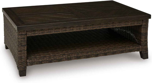 Signature Design by Ashley Drakes Beach Outdoor Coffee Table, Resin Wicker with Aluminum Frame and Wood‑Look Finish for Patio, Deck and Poolside Seating, 48" x 30"