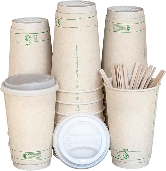 Living Balance Certified Compostable Coffee Cups with Lids 16 oz – 75 Pack Cups with Stirrers & Integrated Sleeves | Leak Proof, BPA-Free & CPLA Certified Plant-based | To-Go cup for Hot & Cold Drinks
