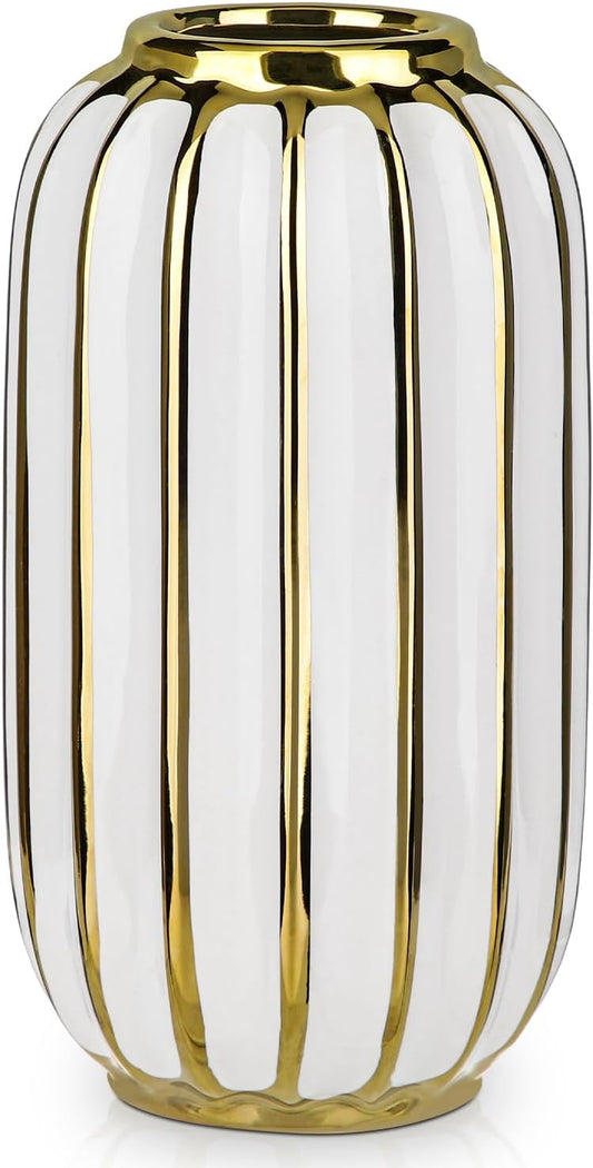 Briful Gold Plated Lantern Ceramic Vase Home Decor Creative Design Porcelain Decorative Flower Vase 8.66'' White Ceramic Vases for Wedding Anniversary Decoration