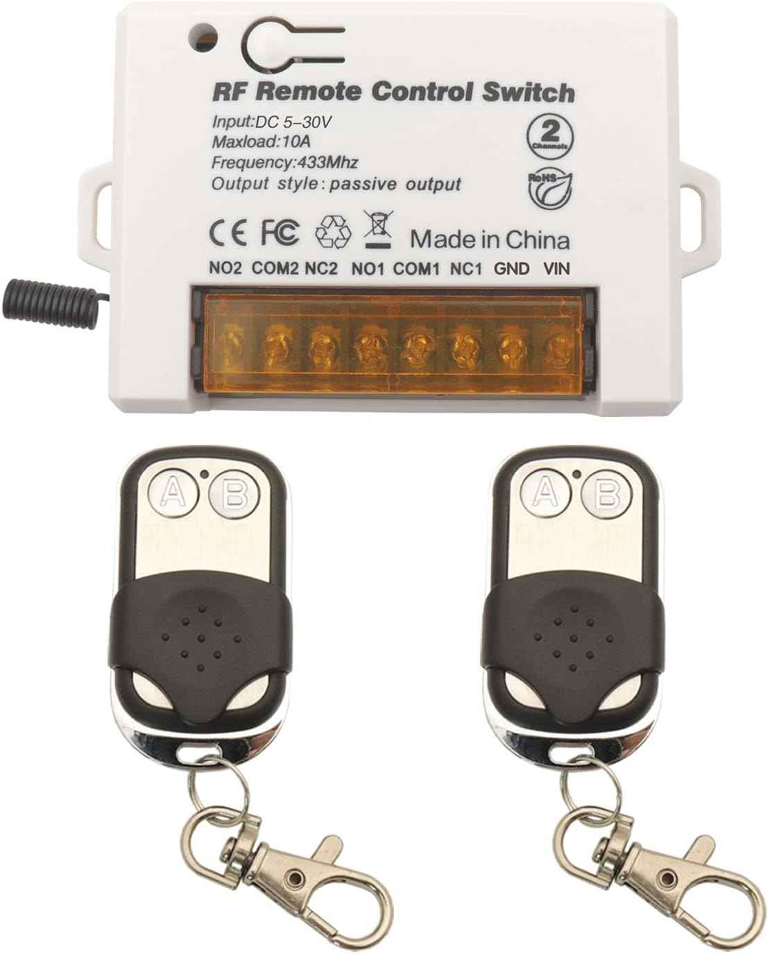 DieseRC 2 Channels Wireless Relay Remote Control Switch 433Mhz RF DC 5V 12V 24V 30V 10A Relay Receiver with 2 Transmitters Keyfob, Big Terminal Easy Wiring