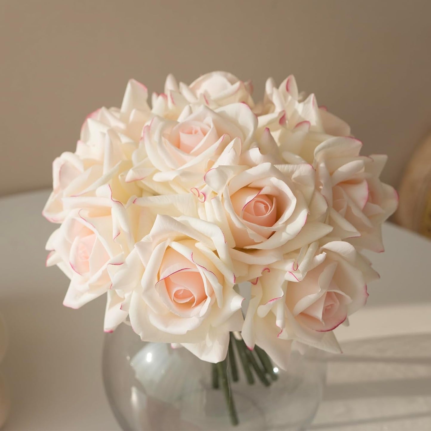 Artificial Roses Single Stem 10pcs Fake Silk Flower Arrangement Bouquet Real Touch for Home Party Wedding Decoration(Pink Edge)