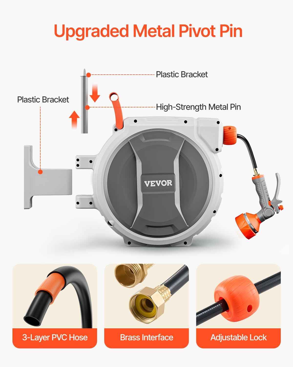 VEVOR Retractable Garden Hose Reel, 1/2 Inch x 65 ft Wall Mounted, Heavy Duty Garden Hose Reel with 9 Patterns Nozzle, Any Length Lock, Upgraded Slow Return System and 180°Swivel Bracket