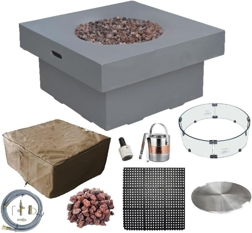 AMS Fireplace | Modeno Branford Package | Light Gray Natural Gas Fire Pit Table for Outside Patio Bundle with Wind Guard & SS Burner Lid | Free Ice Bucket & Rubber Mat