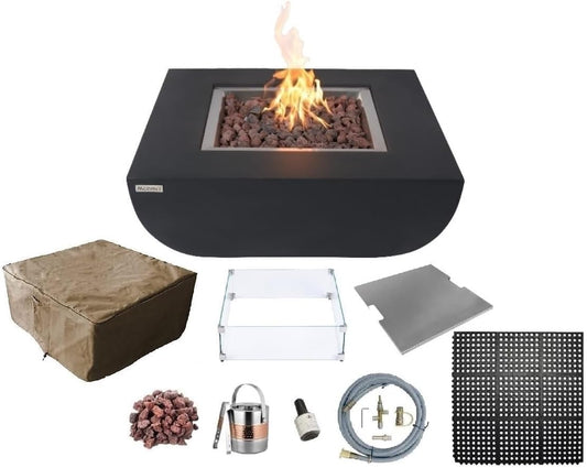 AMS Fireplace | Modeno Aurora Package | Black Natural Gas Fire Pit Table for Outside Patio Bundle with Wind Guard, and SS Burner Lid | Free Rubber Mat & Ice Bucket