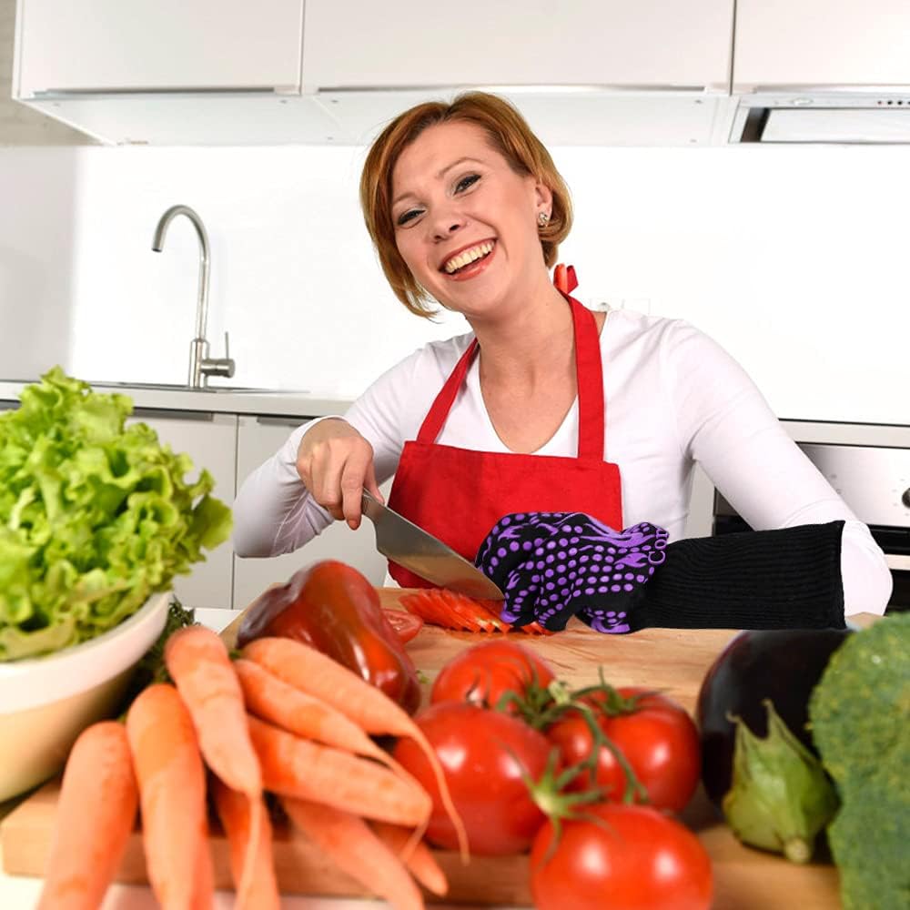 Comsmart BBQ Gloves, 1472 Degree F Heat Resistant Grilling Gloves Silicone Non-Slip Oven Gloves Long Kitchen Gloves for Barbecue, Cooking, Baking(Purple)