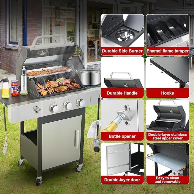 3-Burner Propane Gas Grill with Side Burner, 25,650 BTU Outdoor BBQ Grill with Stainless Steel Warming Rack, Enameled Cooking Grids, Built-in Thermometer & Foldable Side Tables with 6" Wheels