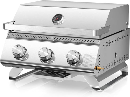 R.W.FLAME Premium 3 Burner Tabletop Propane Gas Grill Stainless Steel Portable Outdoor BBQ Grill with Griddle,24,000 BTU Multi-Zone Cooking,Built-in Thermometer,Backyard,Camping & Patio Gatherings