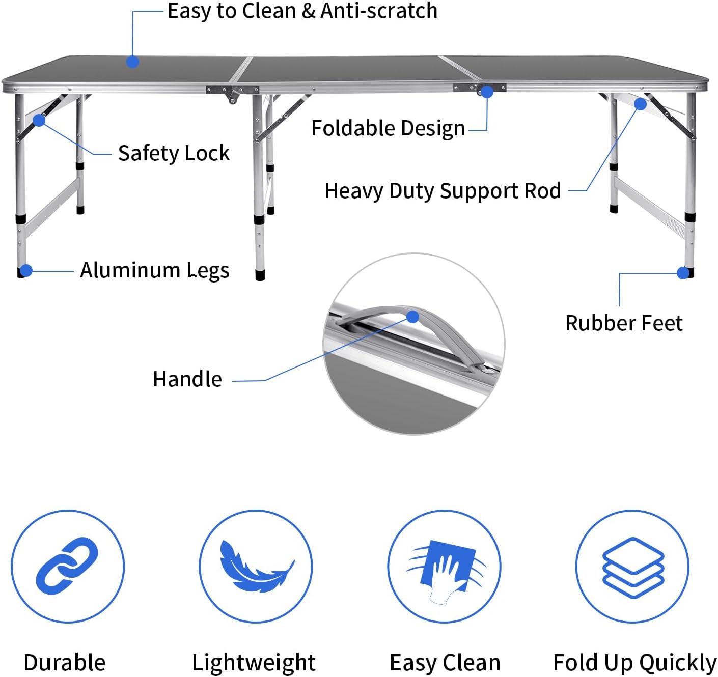 Moosinily Camping Table 6FT Folding Table Large 3 Adjustable Height Portable Picnic Table Camp Aluminum Outdoor Picnic BBQ Black