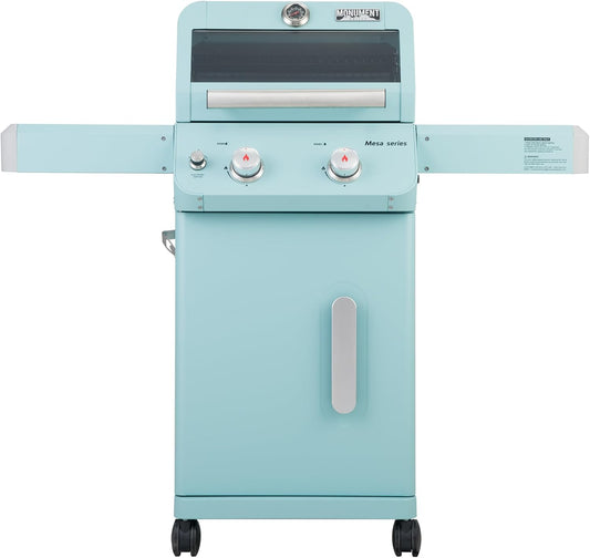 Monument Grills 2-Burner Stainless Steel Liquid Propane Gas Patio Garden Barbecue Grill with Clearview® Lid, Knob Control and Two Foldable Shelves Mesa200G, Green