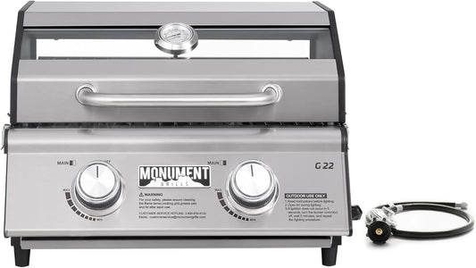 Portable Propane Gas Grill 2-Burner Tabletop Clearview® Monument Grills for Outdoor Camping Cooking, Two 15,000 BTU Burners, Stainless Steel, and Built-in Thermometer