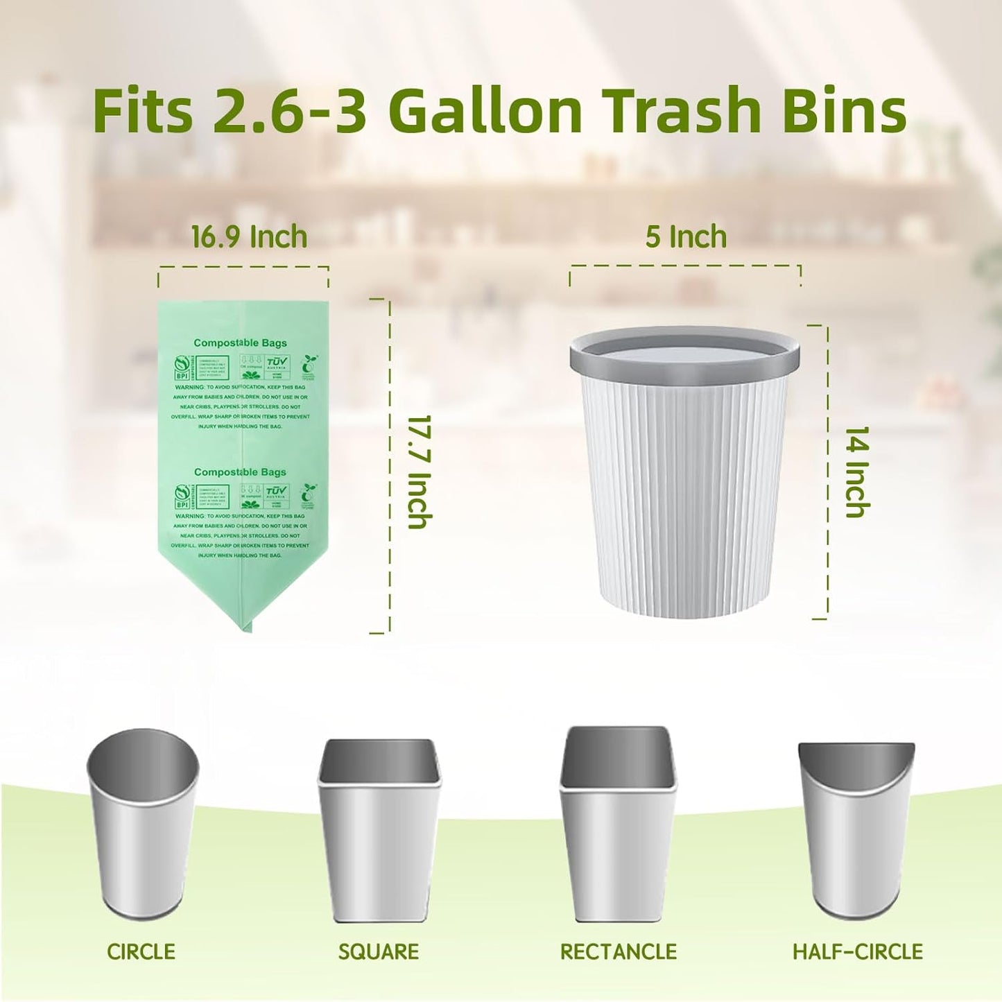 Compostable Trash Bags, Small Compost Bags 3 Gallon, Extra Thick 0.8 Mils, 16.9" x 17.7", 50 Count, Compostable Food Scrap Bags for Kitchen Waste, Green Bin Liners for Garbage Disposal