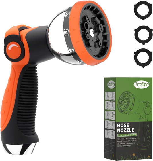 Garden Hose Nozzle, Hose Sprayer Nozzle with 10 Spray Patterns, High Pressure Water Hose Nozzle Heavy Duty Metal Hand Sprayer for Car Wash, Plants, Pets & Outdoor Cleaning, Orange