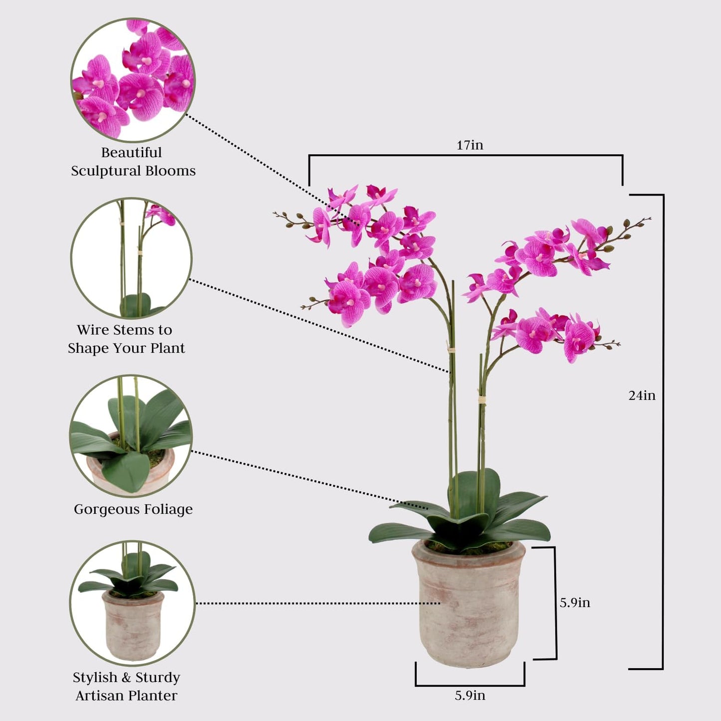 Faux Pink Orchid Plant, Premium Artificial Indoor Flower Display Stands 24”, Beautiful Sculptural Blooms That Lasts Forever, Grey Planter Pot Included