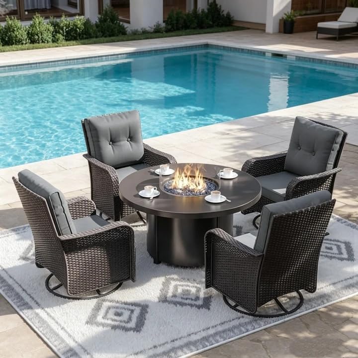 ALAULM 7-Piece Patio Furniture Set with 40,000 BTU Round Fire Pit Table, Outdoor Swivel Rocking Chairs Set, Wicker Patio Chairs with Side Table for Poolside, Deck, Backyard, and Garden—Grey