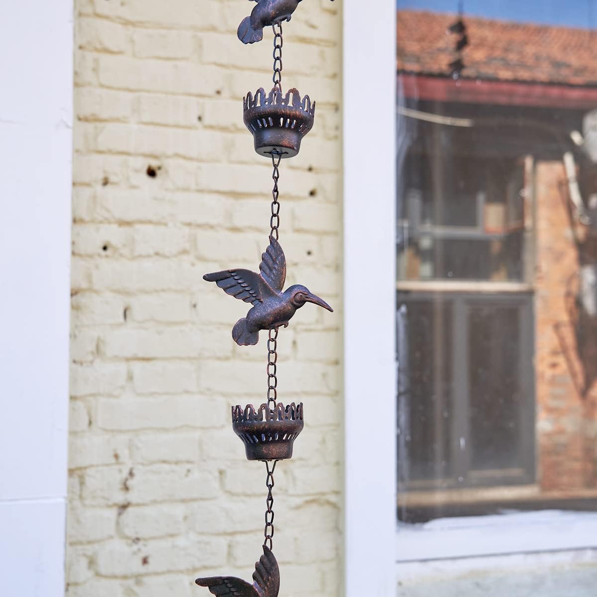 8.5Ft Hummingbird and Cup Rain Chain Outdoor Decorative Rain Gutter Drain Rain Catcher Gutter Chain with Bell