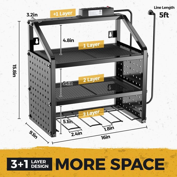 LBT Heavy Duty Metal Power Tool Organizer Wall Mount with 4 Outlet Charging Station & Drill Holder, 4 Layer Garage Storage Rack 120LB, Gift for Men Dad Husband (Workshop, Anniversary, Father's Day)