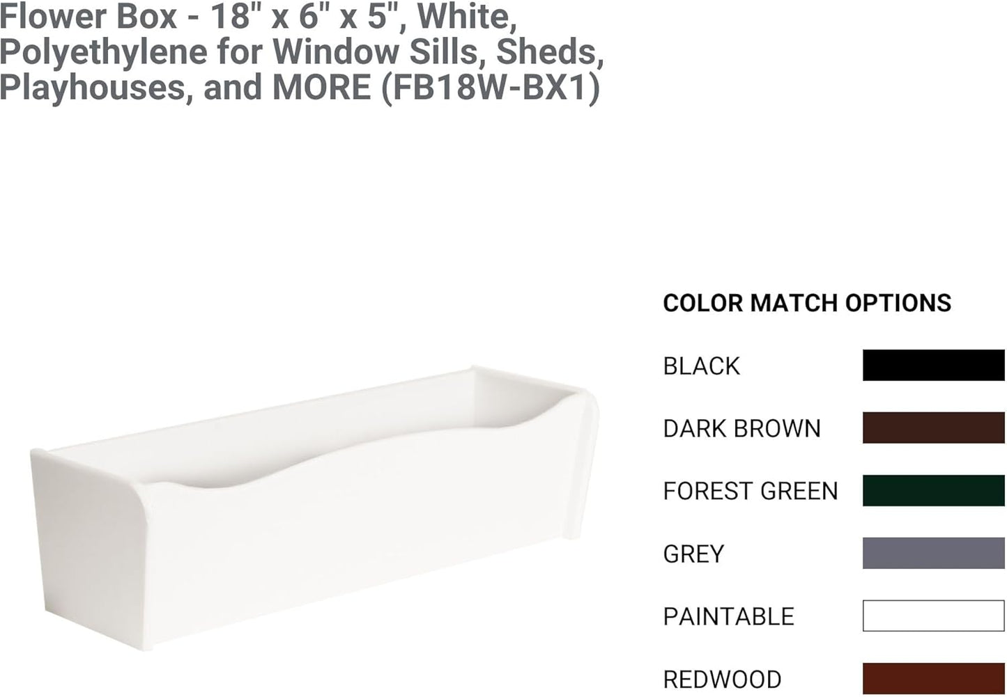 Flower Box - 18" x 6" x 5", Black, Polyethlene for Window Sills, Sheds, Playhouses, and More (FB18BLK-BX1)
