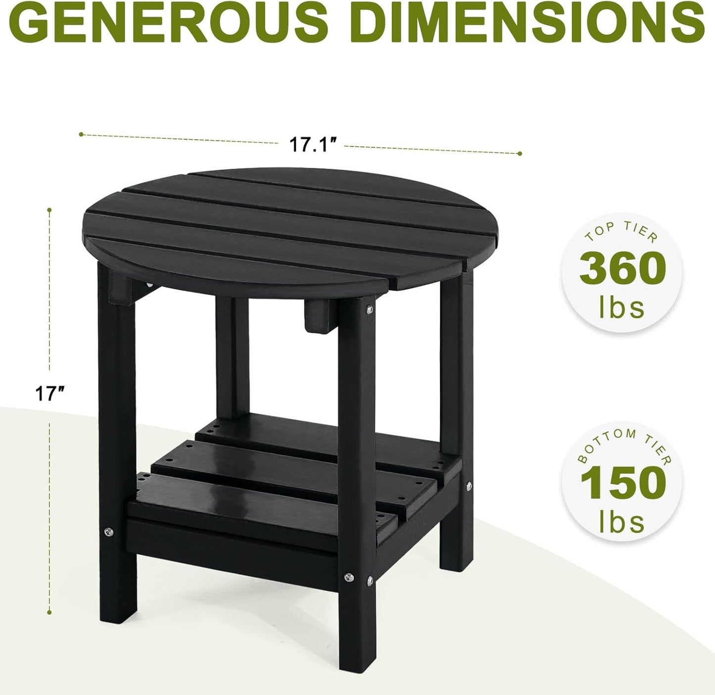 Adirondack Outdoor Side Tables, 2-Tier Round Outdoor Table, Weather Resistant HDPE Patio End Table for Garden, Lawn, Pool, Beach, Porch, Deck, Backyard - Black