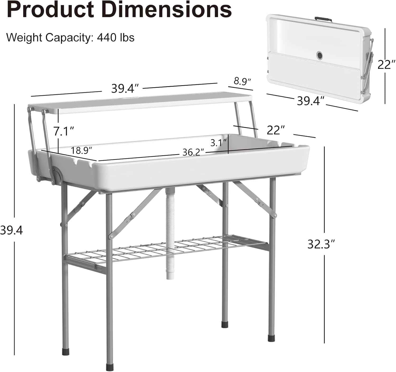 Ice Cooler Table with Drain, Two-Tier Plastic Folding Tables, with Removable Matching Skirt and Shelf, Indoor Outdoor Use for Party Camping Picnic Fishing Cleaning, 440 lbs Capacity