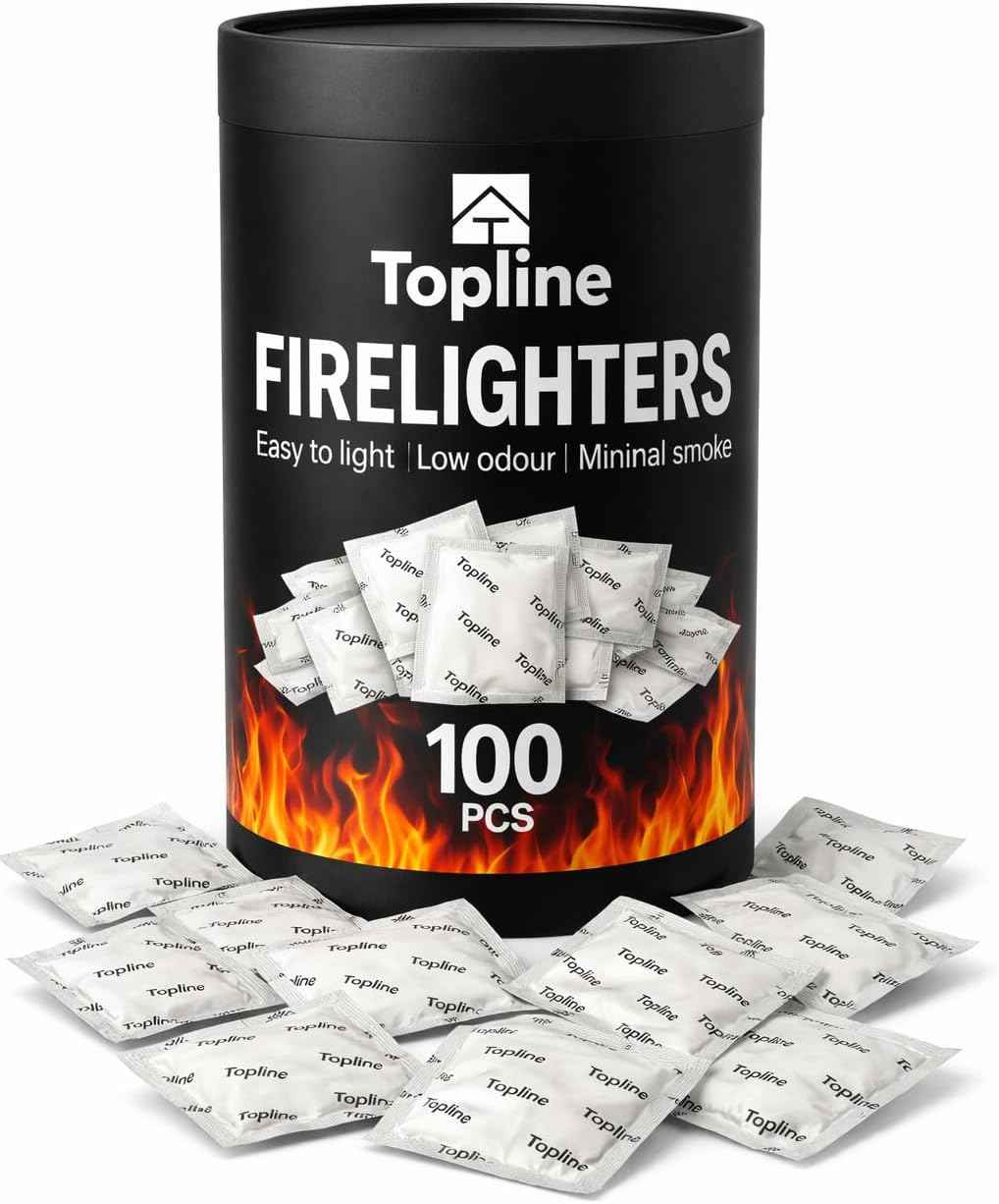 Topline 100 Fire Starters for Fireplace, Wood Stove, Charcoal BBQ & Campfire — Waterproof Odorless Fire Starter Sachets, Quick-Light Indoor & Outdoor Firestarter Pouches in Storage Tube