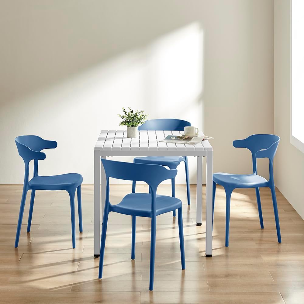 Plastic Outdoor Dining Table with Metal Legs, Weather Resistance, Home Patio Table, Restaraunt Outdoor Table, Quick Assembly (White)