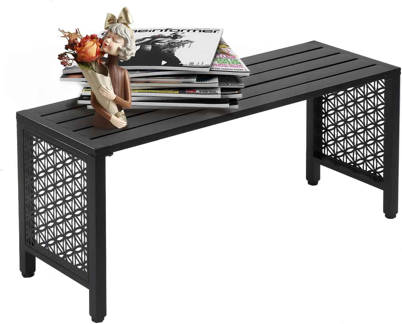 VINGLI 40in Outdoor Metal Bench, All-Weathe Backless Patio Bench with Slatted Seat＆Floral Side Panels, Rust-Resistant Garden Bench, Weatherproof Outdoor Seating for Porch Entryway Backyard (Black)