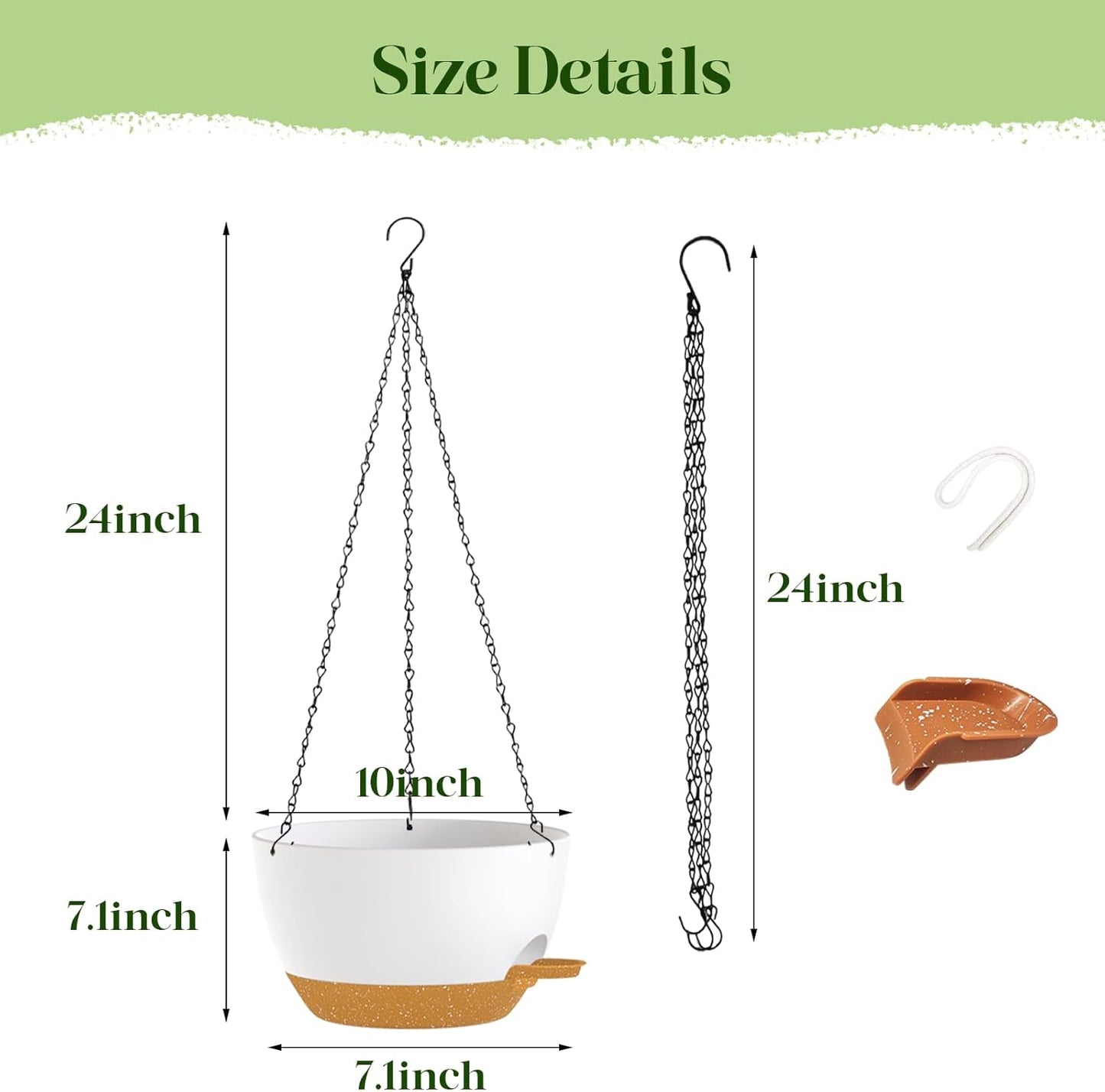 10 Inch Hanging Planters with Chains 2 Pack Self Watering White Brown Plastic Hanging Pots for Indoor Outdoor Plants, Garden Porch Home Decor (White Brown)