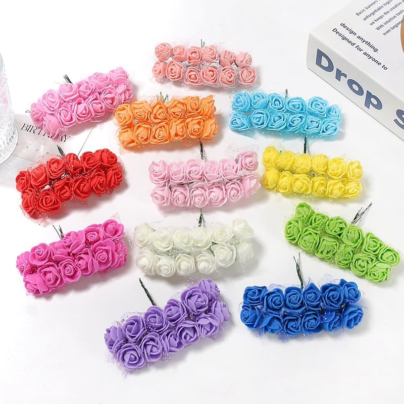 Mini Fake Rose Flower Heads 144pcs Mini Artificial Roses DIY Wedding Flowers Accessories Make Bridal Hair Clips Headbands Dress (Bottom add Gauze) Pink