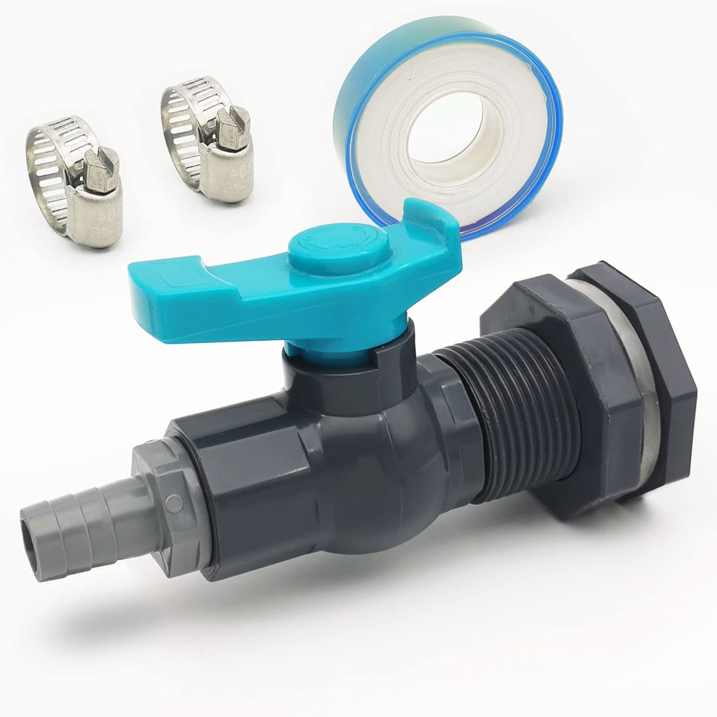 Rain Barrel Spigot PVC Faucet Kit Water Barrel Diverter Kit with Bulkhead Fitting,Ball Valve,Garden Hose Barb(12.5mm) Adapter,Pipe Clamps,Thread Seal Tape(kit for 12.5mm ID Hose)