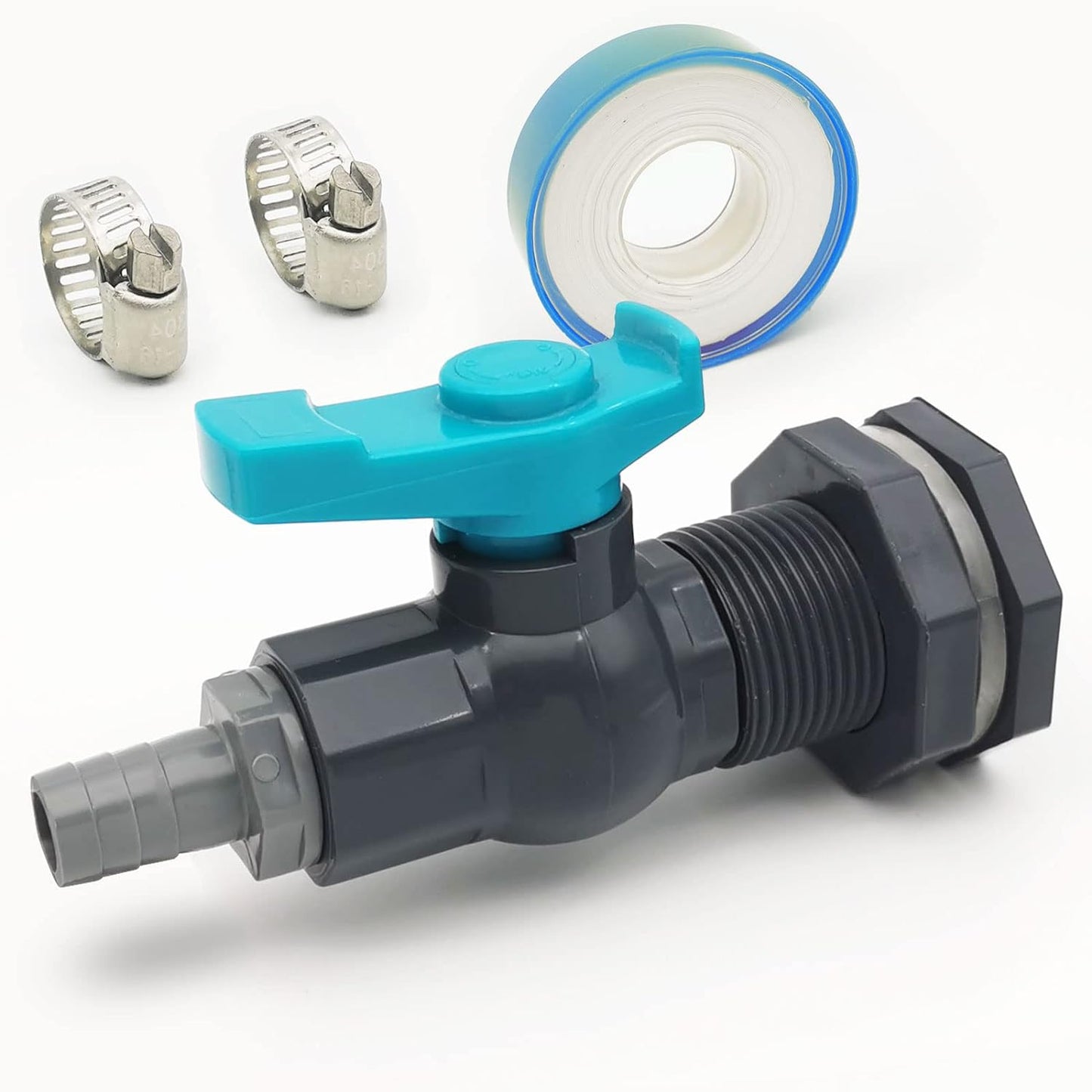 Rain Barrel Spigot PVC Faucet Kit Water Barrel Diverter Kit with Bulkhead Fitting,Ball Valve,Garden Hose Barb(16mm) Adapter,Pipe Clamps,Thread Seal Tape(kit for 16mm ID Hose)