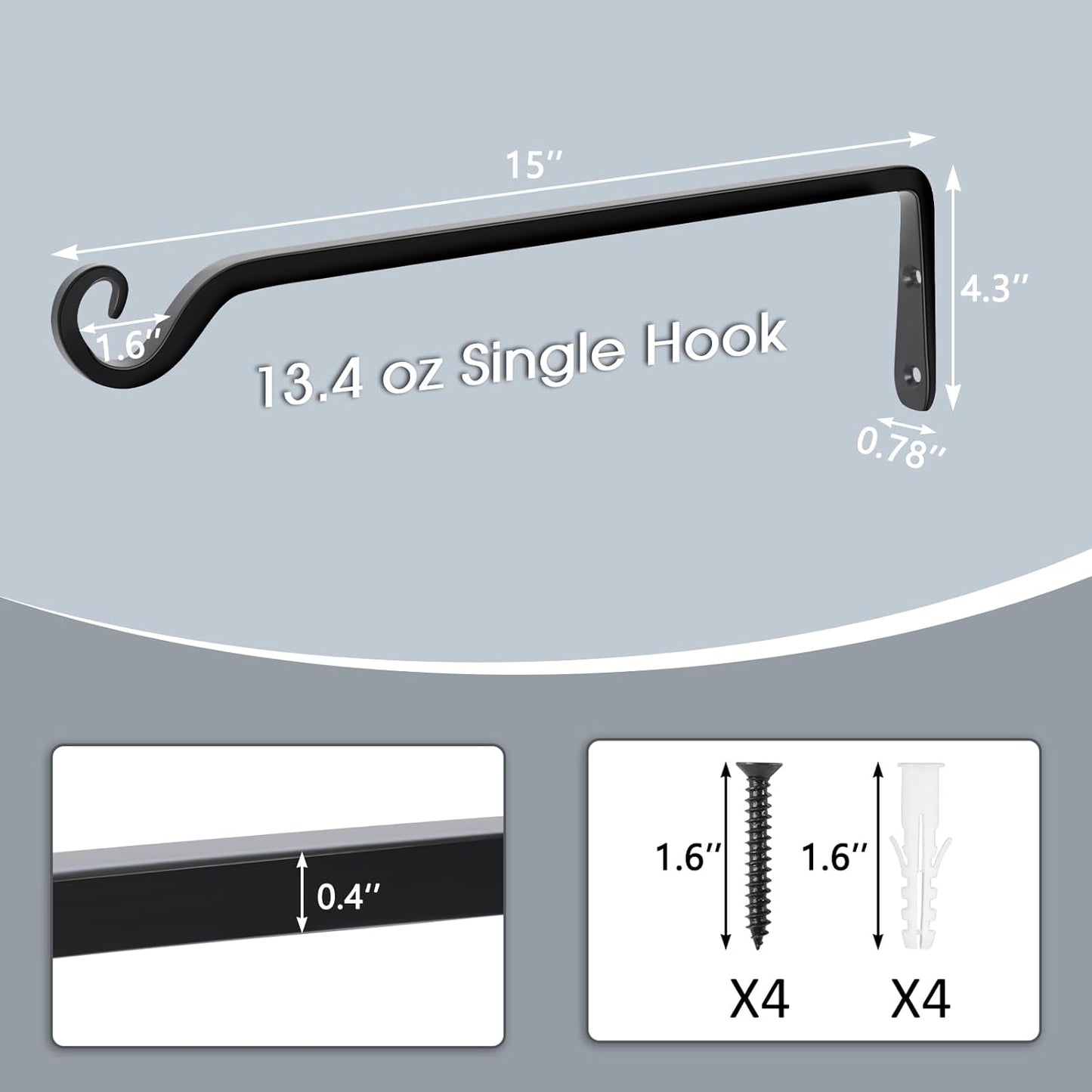 Gtongoko 2 Pack 15 Inch Plant Hangers Outdoor Metal, Plant Hooks for Wall Indoor, Outdoor Hooks for Hanging Bird Feeders, Plant Bracket, Lanterns, Wind Chinme, Black