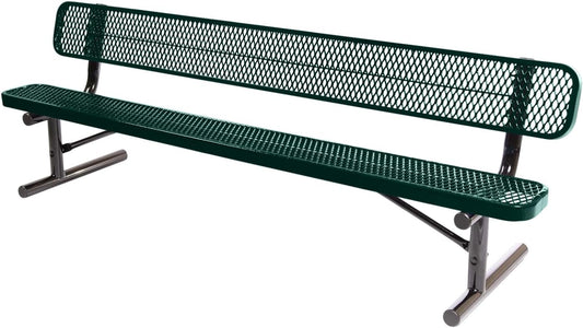 Heavy-Duty Portable Outdoor Bench Thermoplastic Coated, Expanded Metal, Commercial-Grade Seating, Made in America (Portable with Back, 8 Ft, Dark Green)