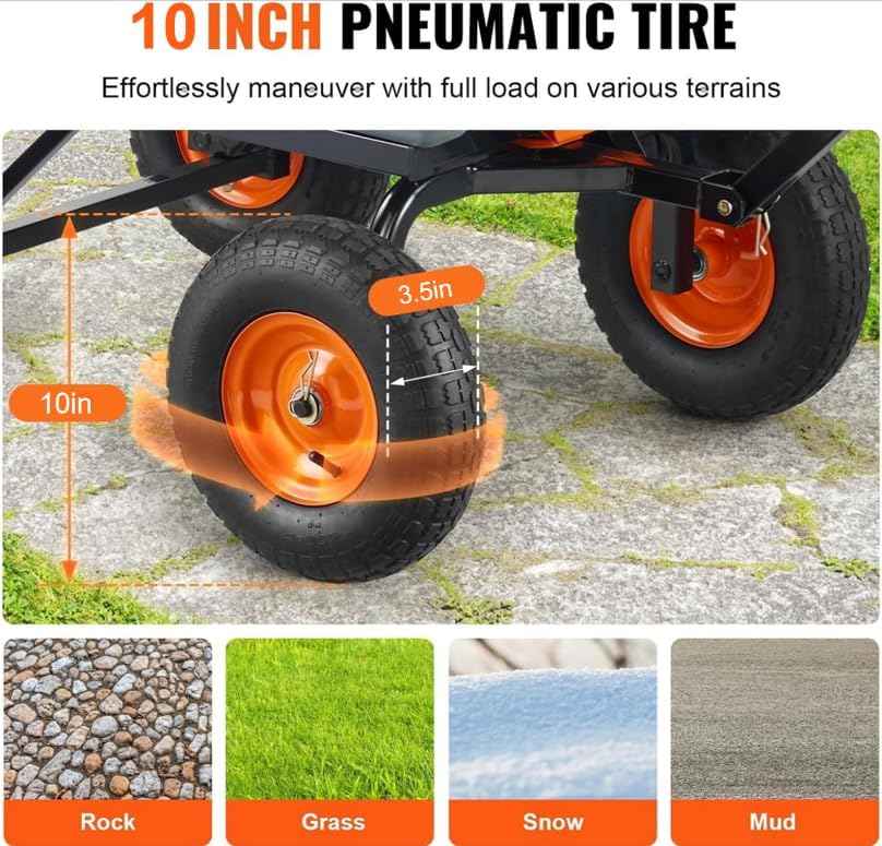 Garden Dump Cart, 800 lbs Heavy Duty Garden Wagon with 10 Inch Wheels, 4 Wheel Wheelbarrow,Steel Frame and Quick Release System Lawn Trailer