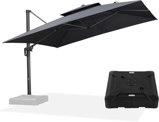 PURPLE LEAF 12ft Patio Umbrella with Base Large Outdoor Square Umbrella Deluxe Hanging Double Top Cantilever Offset Market Umbrella Windproof Garden Umbrella Grey