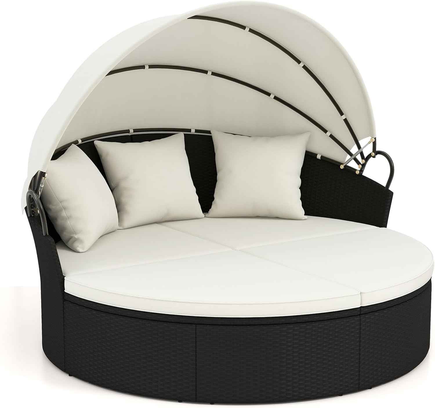 RELAX4LIFE Round Outdoor Daybed with Canopy - Wicker Rattan Sectional Sofa Sunbed w/Cushions & 3 Pillows, Clamshell Conversation Lounger Separated Seating Set for Garden Porch, Patio Day Bed (Beige)
