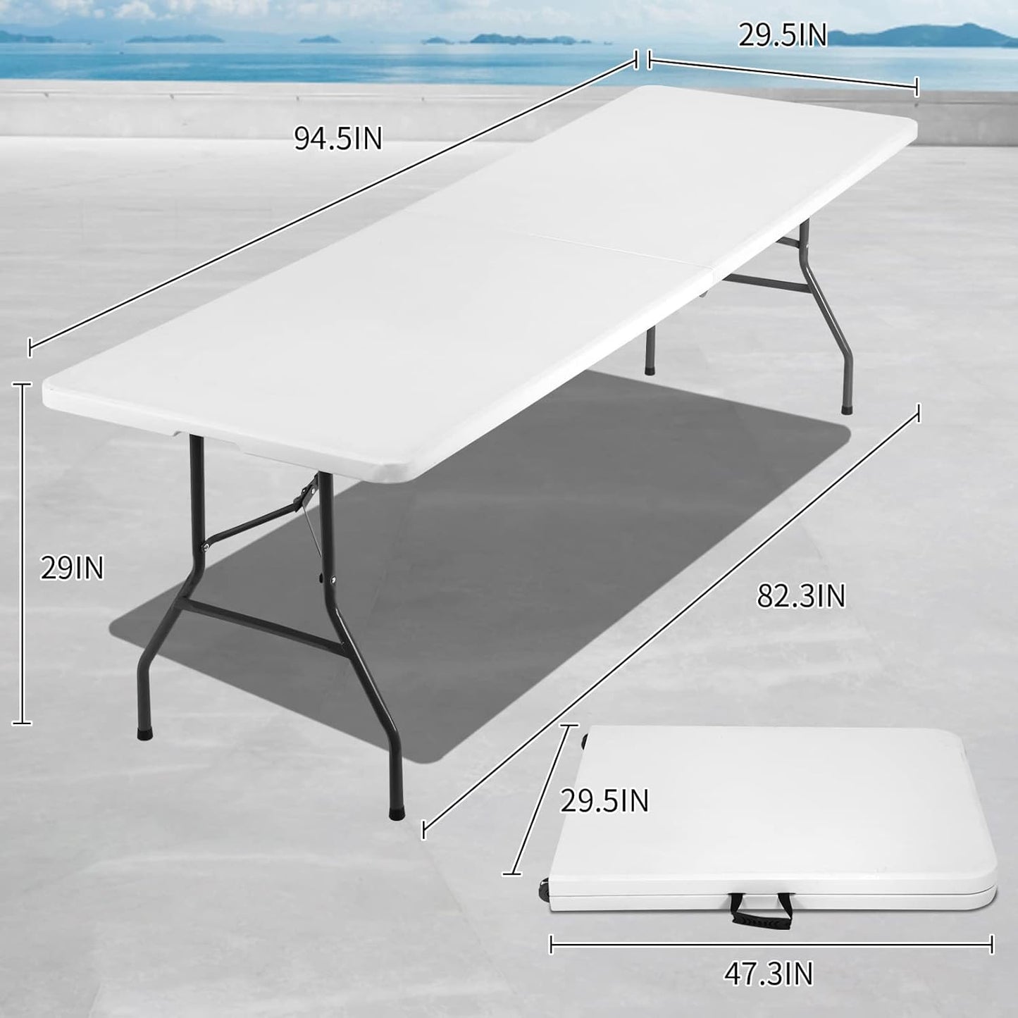 8FT Folding Table, Heavy Duty Foldable Table with Handle, Portable Fold-in-Half Utility Tables for Indoor & Outdoor Use Perfect for Camping BBQ Party Wedding Market Events, White