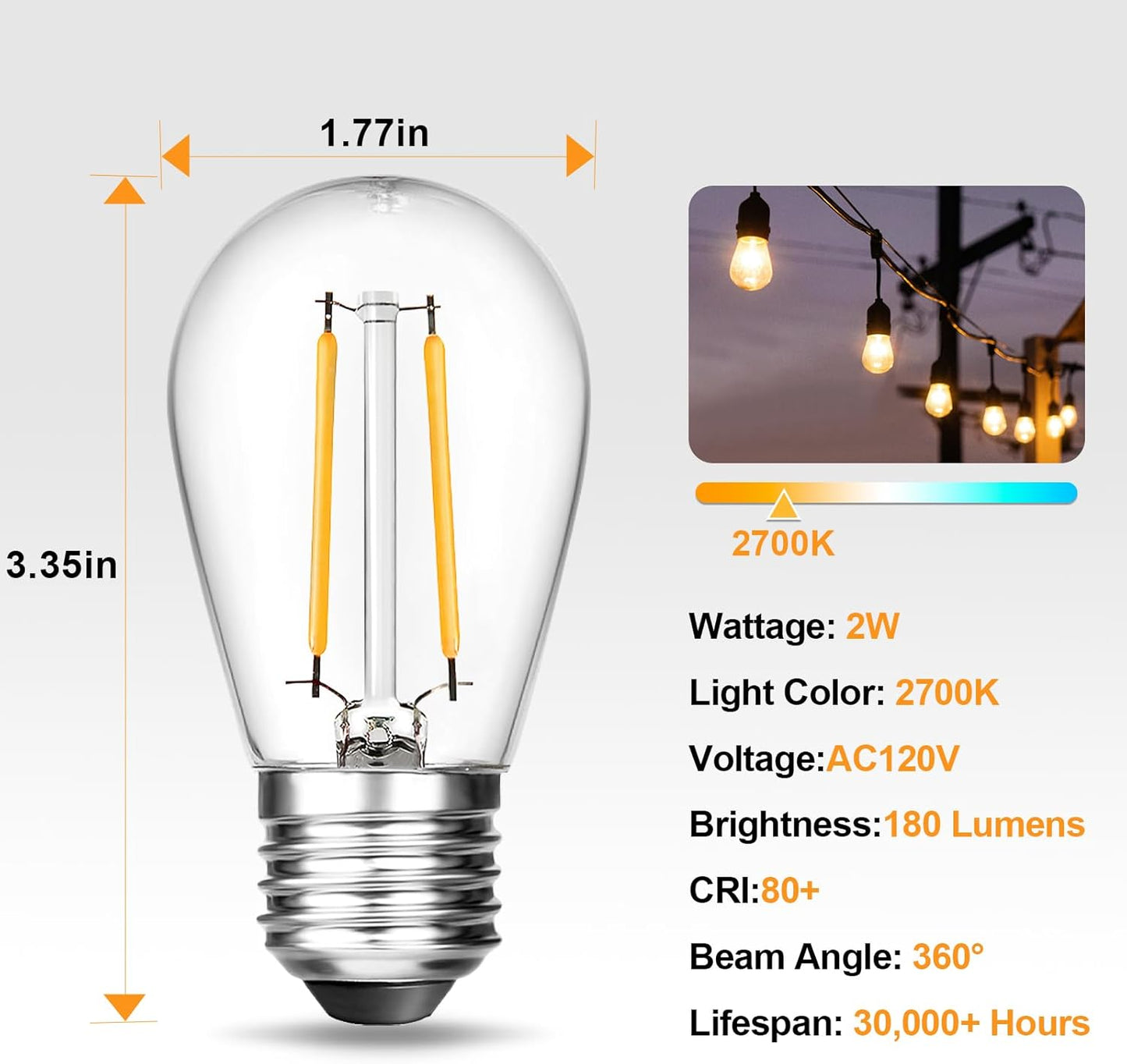 BRIMAX 25 Pack 2W S14 Replacement LED Bulbs,2700K Soft Warm White, Shatterproof Waterproof Outdoor String Light Bulbs Dimmable,E26 Medium Base,Plastic Edison Bulbs for Patio Garden